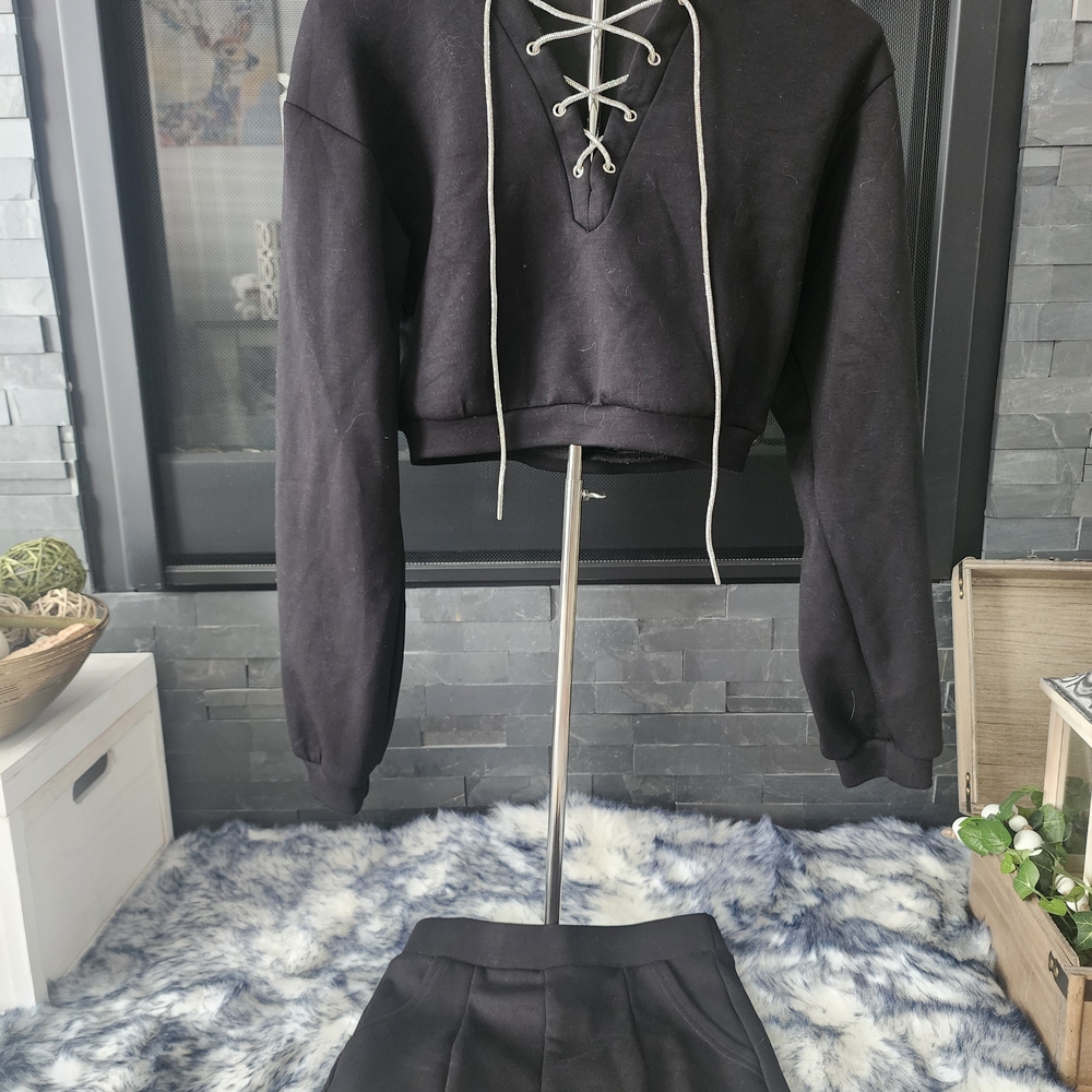 Privy Black Rhinestone Lace-Up Cropped Sweater And Shorts Set